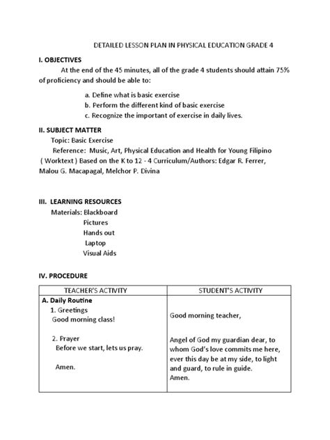 detailed lesson plan in p.e grade 4|Primary PE Planning Lesson Ideas .